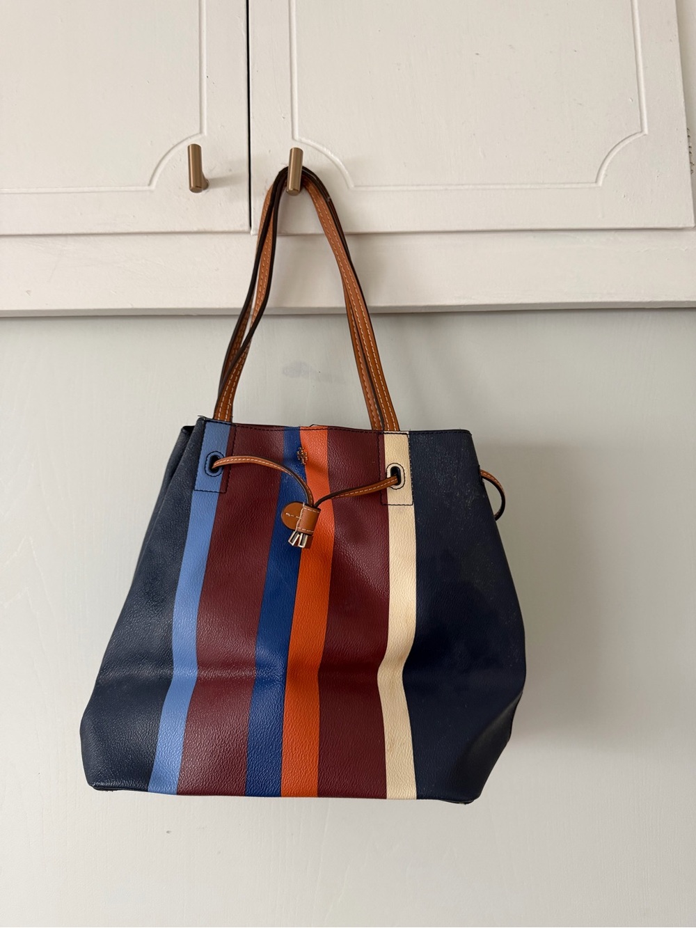 Tory Burch Navy Blue Multi-Stripe Leather Tote